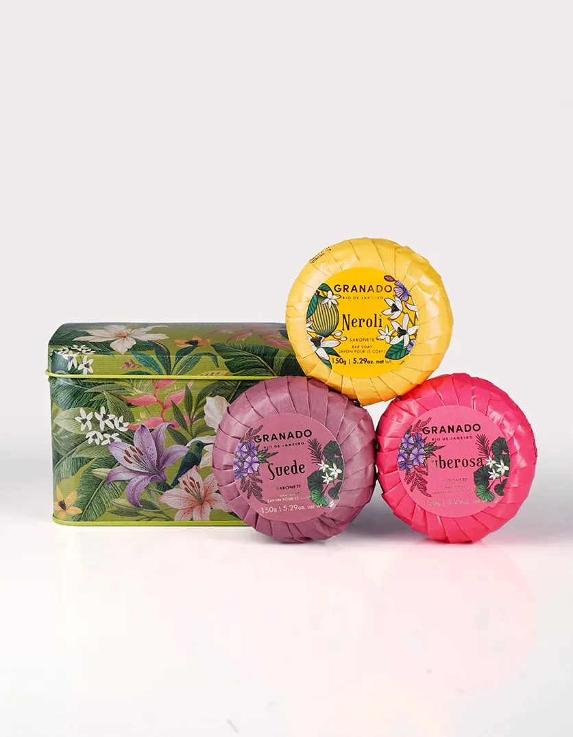 Kit Lata Granado Trio Sabonetes e Lenço Jardim Tropical